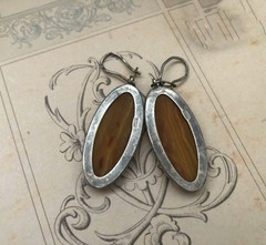 Estate Vintage Marquise Earrings Sterling Silver 875 Soviet Agate Stone USSR