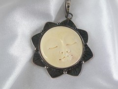 Vintage Sterling Silver 925 Large Carved Sun Moon Face Pendant