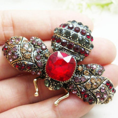 Woman Vintage Red Bee Insect Gold-tone Brooch Pin Crystal Rhinestone Gifts