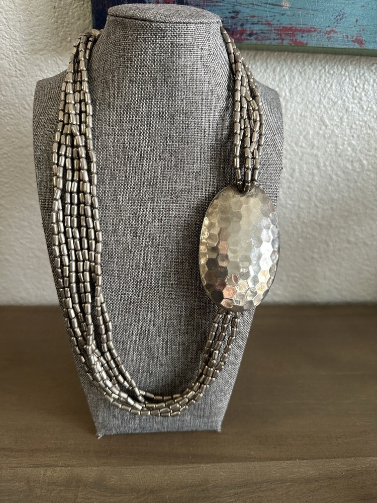 Vintage Multi Strand Asymmetrical Hammered Silver Tone Oval Pendant Necklace