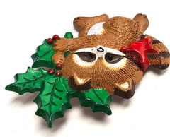 Vintage 1986 Hallmark Cards Christmas Raccoon Holding Holly Pin / Brooch
