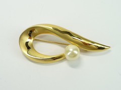 Vintage Estate Brooch Pin Gold Tone Classic Modernist w Faux Pearl USA Seller