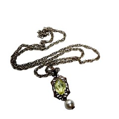 Vintage Filigree Pendant Necklace Yellow Citrine Glass Pearl Drop Gift For Her