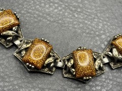 Vintage Silver Tone Bracelet Golden Faux Goldstone Glitter Resin Victorian Style