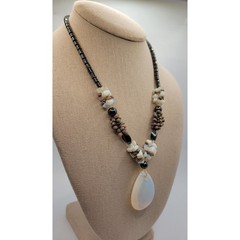 Moonstone Hematite Necklace Faux Opalite Pendant Tiny Shells Seed Bead Vintage