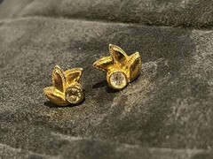 Signed F.M. Co 10K Gold Plated Floral Leaf Earrings w/ White Rhinestones Vintage
