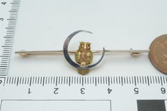 ANTIQUE ENGLISH VICTORIAN 15K GOLD PLATINUM RUBY OWL & MOON BROOCH c1900