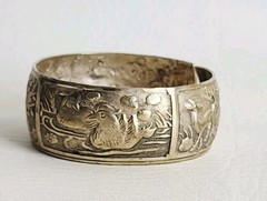 Miao Silver Tone Bangle with repoussé Depicting Birds and Deer In Nature Vintage