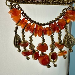Vintage Bar Brooch Gold Tone Dangle Chains Carnelian Stone Beads Boho India
