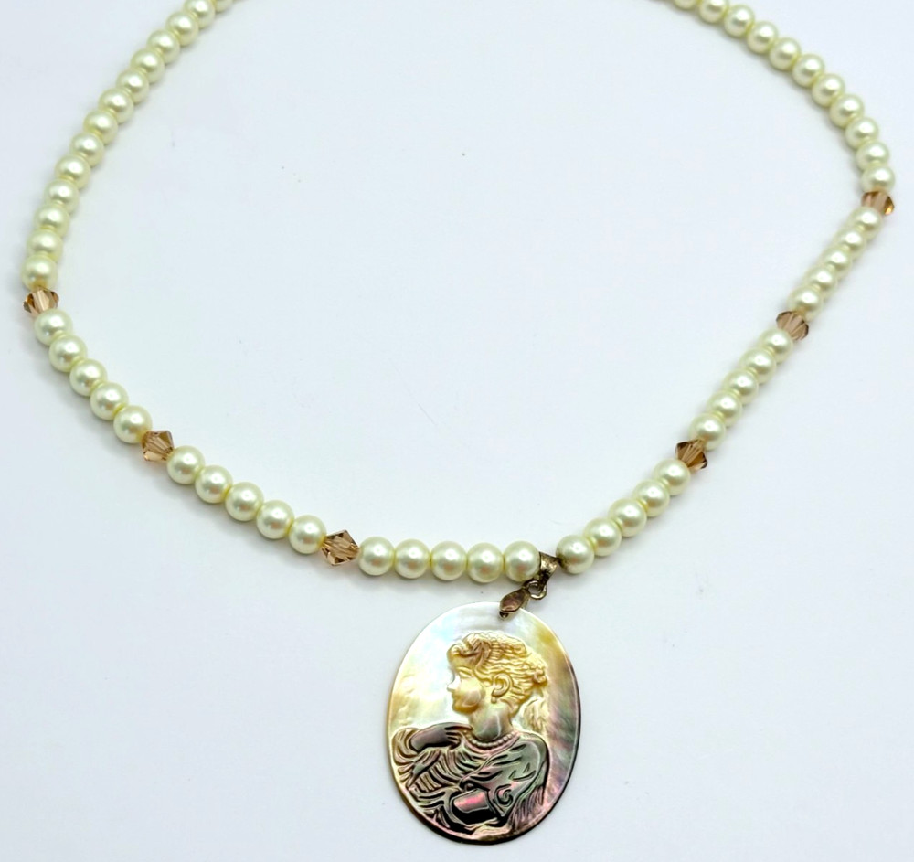 Faux Pearls & Pink Rhinestones Necklace With Carved Mother of Pearl Cameo VTG