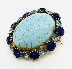 Large Czech Hubbell Glass & Jewel Tone Rhinestone Brooch Vintage Jewelry