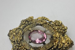 Vintage Brooch Czech Style Brass Floral large Glass Stone wear rehab T14