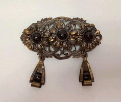 Victorian Floral Dangle Brooch Goldtone Deep Red Cabochons