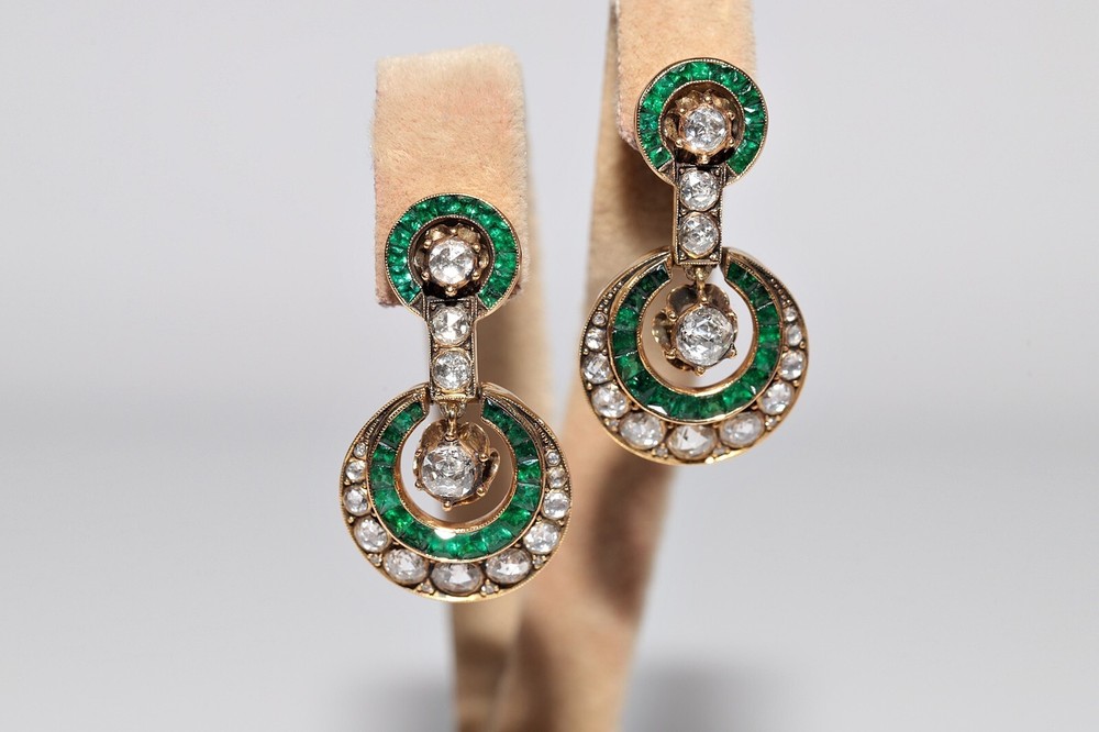 Vintage Circa 1970s 18k Gold Natural Rose Cut Diamond And Emerald Drop Earring
