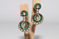 Vintage Circa 1970s 18k Gold Natural Rose Cut Diamond And Emerald Drop Earring