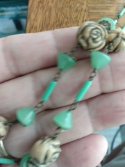Antique Art Deco Czech Green And Tan Carved Glass Necklace 1920s