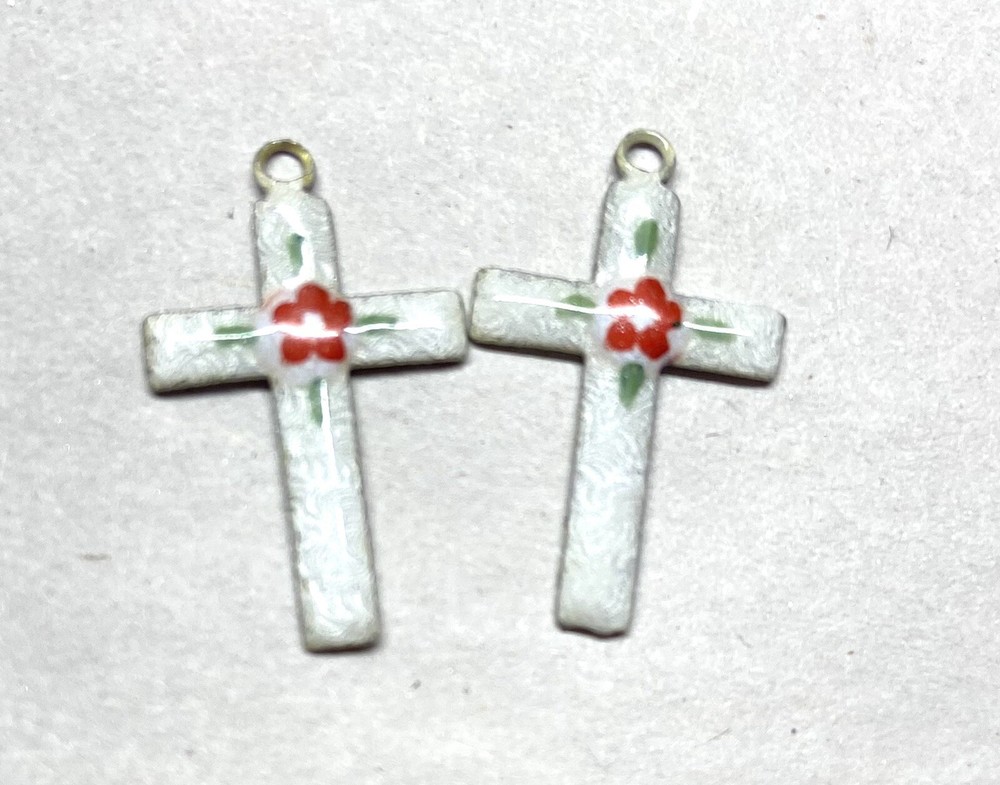 60x Vtg. Guilloche Enamel Charm – Simple Cross charm shape-Red Flower on White
