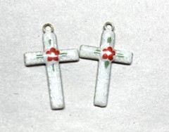 60x Vtg. Guilloche Enamel Charm – Simple Cross charm shape-Red Flower on White