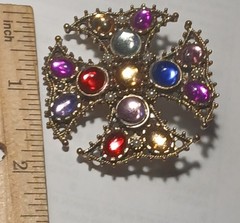 Vintage multi color moon glass in gold metal setting brooch/ pin