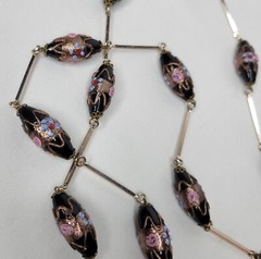 Vintage Venetian Glass Beaded Necklace Black Pink Blue Lampwork Beads Gold Tone