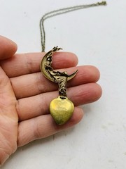Vintage Style Goddess Crescent Moon Blue Lapis Lazuli Mini Heart Locket Necklace