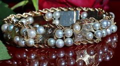 14k yellow gold bracelet 5-5.5mm cultured pearl 0.5ct diamond 7.5″ antique 43.0g