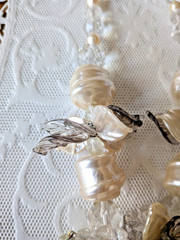 Vintage Venetian Clear, Gray, & Faux Pearl Flower Bead Art Glass Necklace 17″