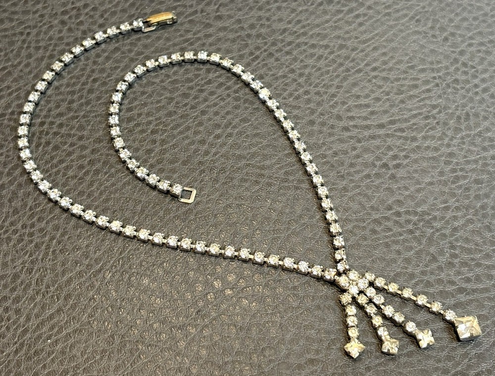 Vintage Clear Rhinestone Asymmetrical Lavalier Dangle Fringe Art Deco Necklace