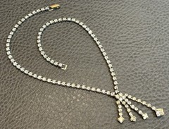 Vintage Clear Rhinestone Asymmetrical Lavalier Dangle Fringe Art Deco Necklace