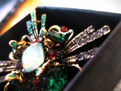 large brooch gold tone with faux opal + red, green &clear zircons
