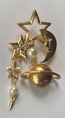VTG Crescent Moon Stars & Saturn Brooch / Gold Tone Metal W/ Faux Pearls 3”