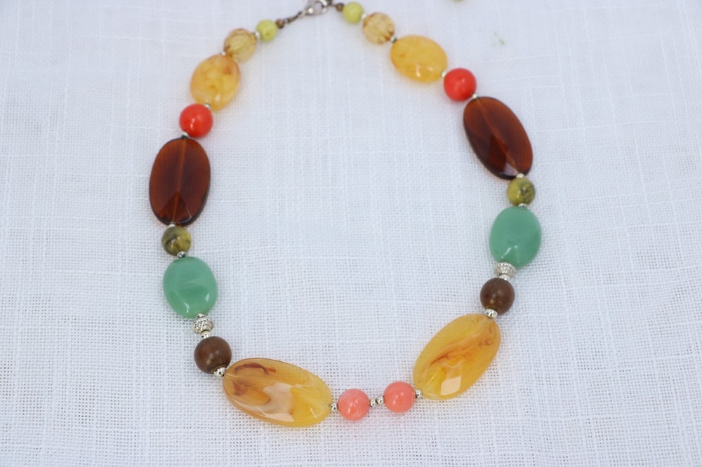 Multicolor Beaded Statement Necklace Chunky Acrylic Resin Boho Earth Tone Adjust