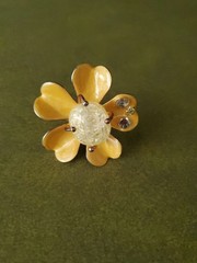 Goldtone Yellow Enamel Quartz Stone Center Flower Ring ~ Adjustable Size