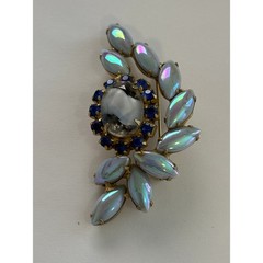 Vintage Brooch Blue Opalescent Stones Givre Glass Center Gold Tone