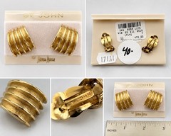 Vintage St. John Marie Gray Signed Gold Tone Ribbed Clip on earrings card