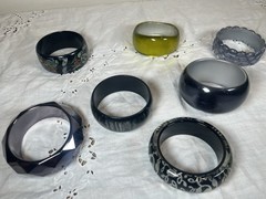 Lot of 7 Vintage Chunky Lucite Bangle Bracelets Gray, Green Moonglow, Faceted,