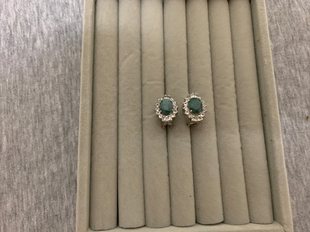 Vintage Sterling Fadi India Labradorite Cabochon & Cubic Zirconia Stud Earrings