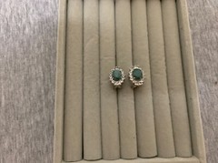 Vintage Sterling Fadi India Labradorite Cabochon & Cubic Zirconia Stud Earrings