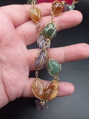 Vintage Amethyst, Jade Agate, Carnelian Goldgilt Wire Long Necklace