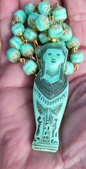 VINTAGE EGYPTIAN MUMMY SARCOPHAGUS PENDANT URANIUM GLASS BEAD NECKLACE SET OOAK