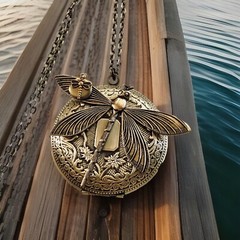 Dragonfly Locket Necklace, Vintage Antiqued Brass, Art Nouveau Victorian Design