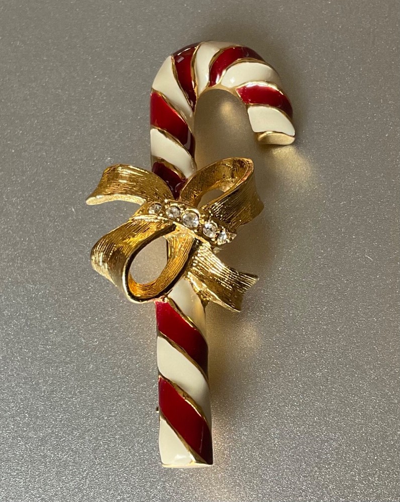 Vintage Napier Christmas Candy Cane Pin with Bow Gold Tone & Enamel