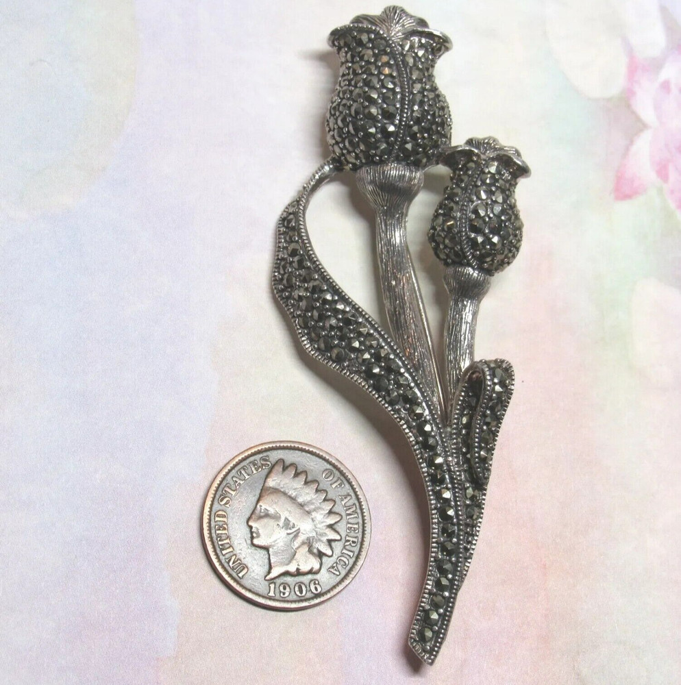 Sterling Silver Marcasite Tulip Leaf Flower Pin Hypoallergenic Nickel Free 14.5g