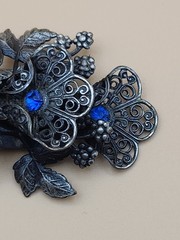Vintage Brooch Pin Antique Metal Floral Filigree Blue Rhinestones (Czech 1940s?)