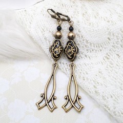 Antique Brass Dangle Earrings Black Gold Floral Acrylic Beaded Victorian Jewelry