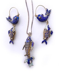 Blue Cloisonne & Vermeil Koi Fish Charm Bracelet and Hoop Earrings: China Export