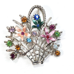 Vtg Silver Tone Multi-Color Enamel & Rhinestones Spring Flower Basket Brooch Pin