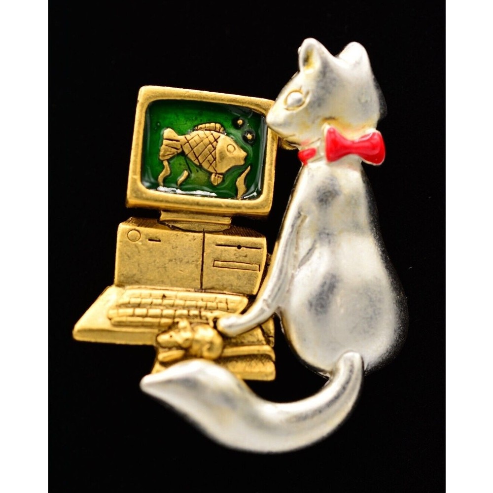 Danecraft Vintage Cat Fish Pin Brooch Computer Screen Saver Funny NOS 80s BinA7