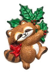 Vintage 1986 Hallmark Cards Christmas Raccoon Holding Holly Pin / Brooch