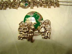 Vtg Children of the World Brass Slide Bracelet Green Enamel Globe Brooch Pin Set